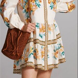 Anthropologie Cream Floral Long Sleeve Dress